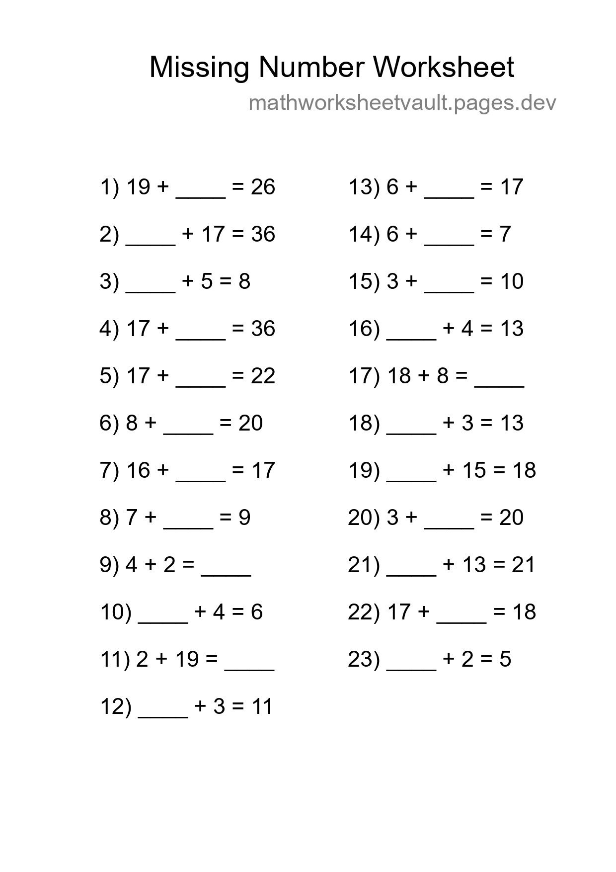 Missing Number Math Worksheet