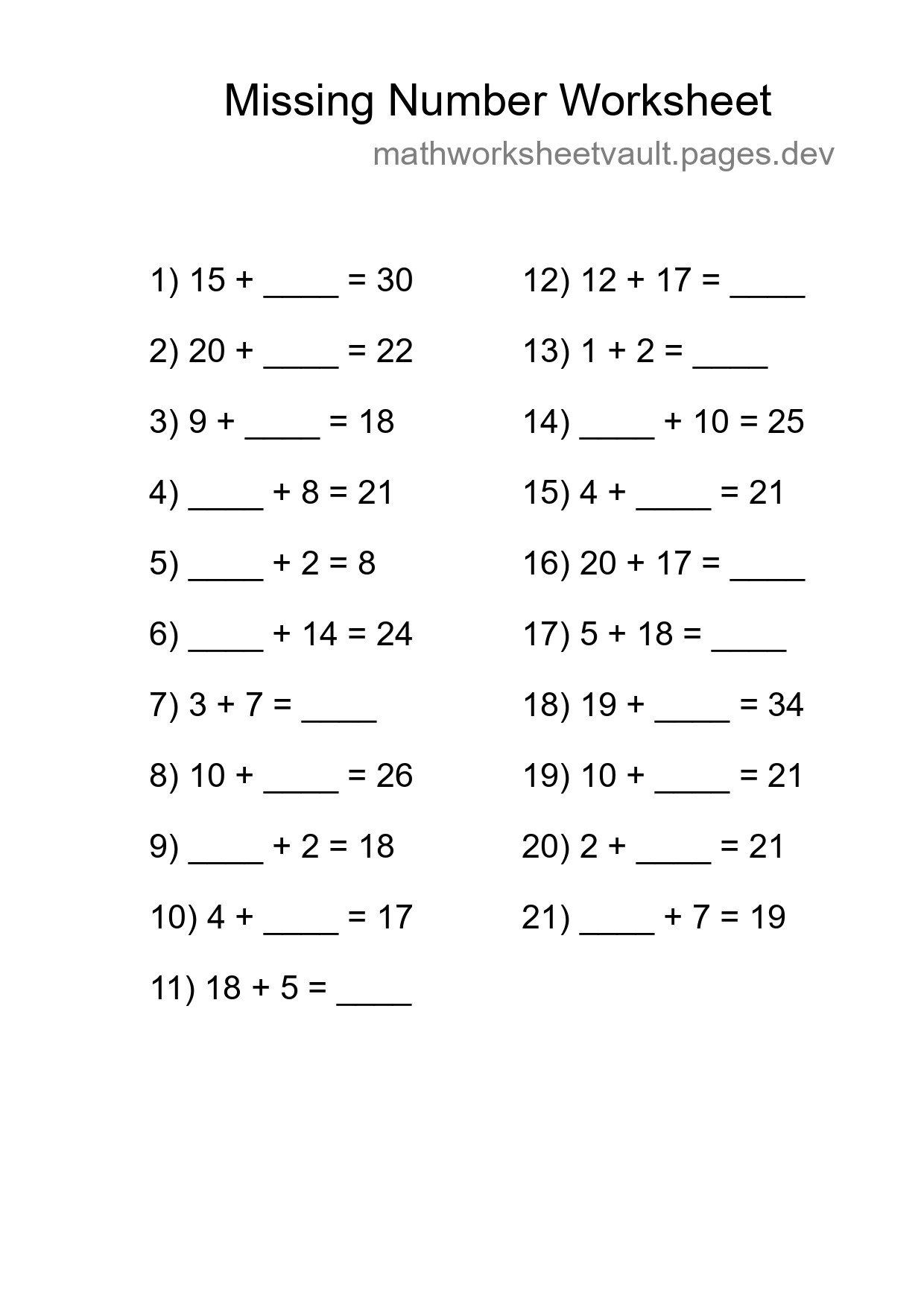 Missing Number Math Worksheet