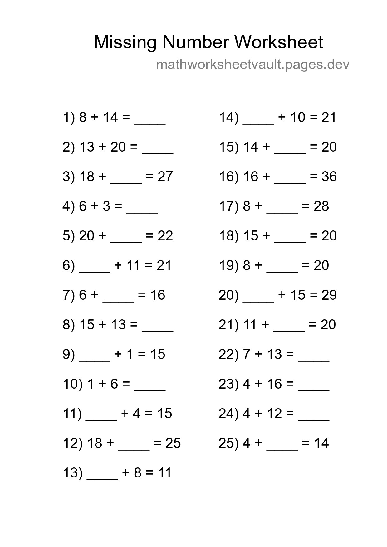 Missing Number Math Worksheet