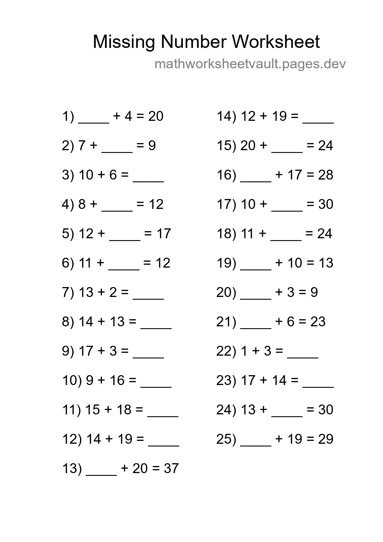 Missing Number Math Worksheet