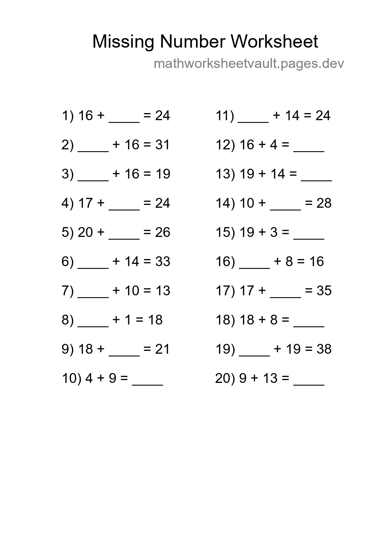 Missing Number Math Worksheet