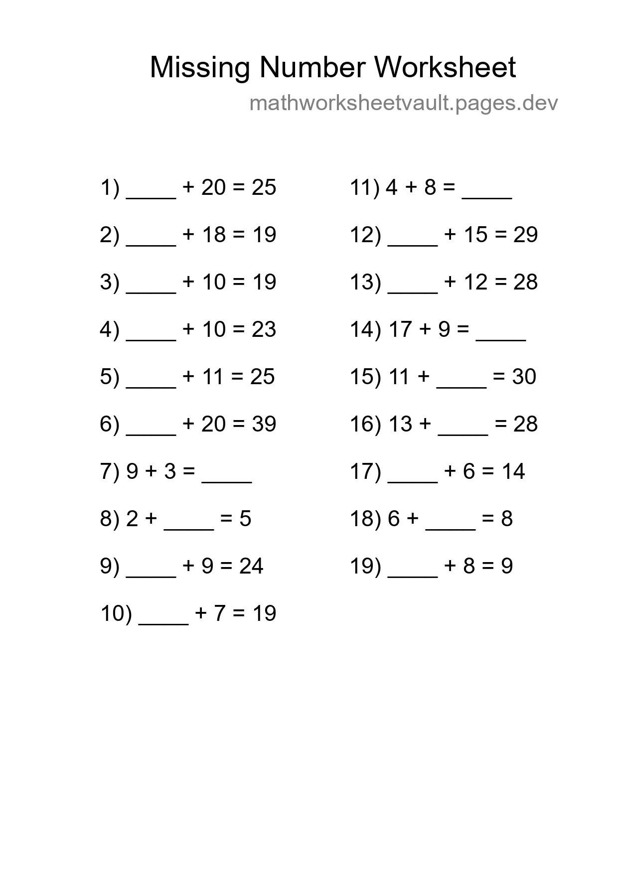 Missing Number Math Worksheet