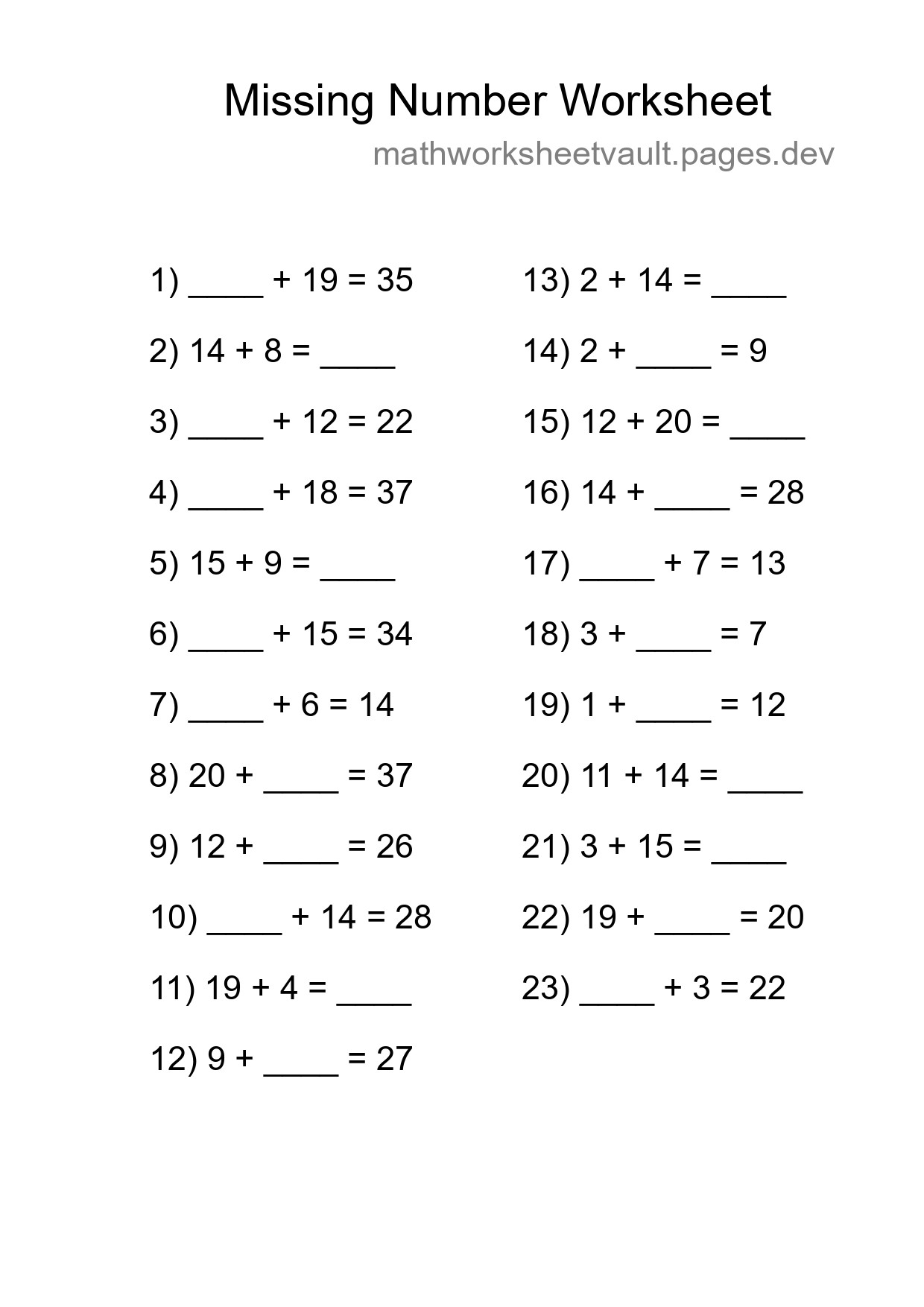 Missing Number Math Worksheet