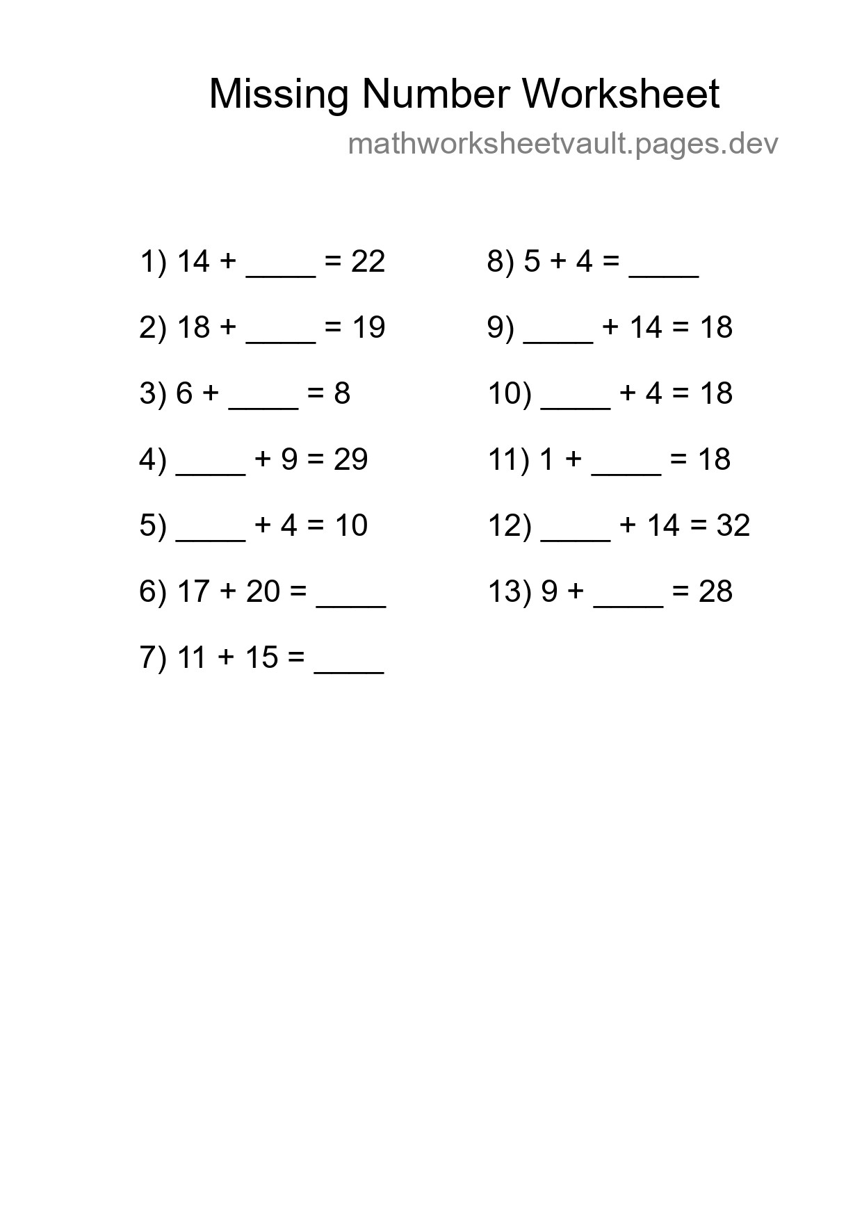 Missing Number Math Worksheet