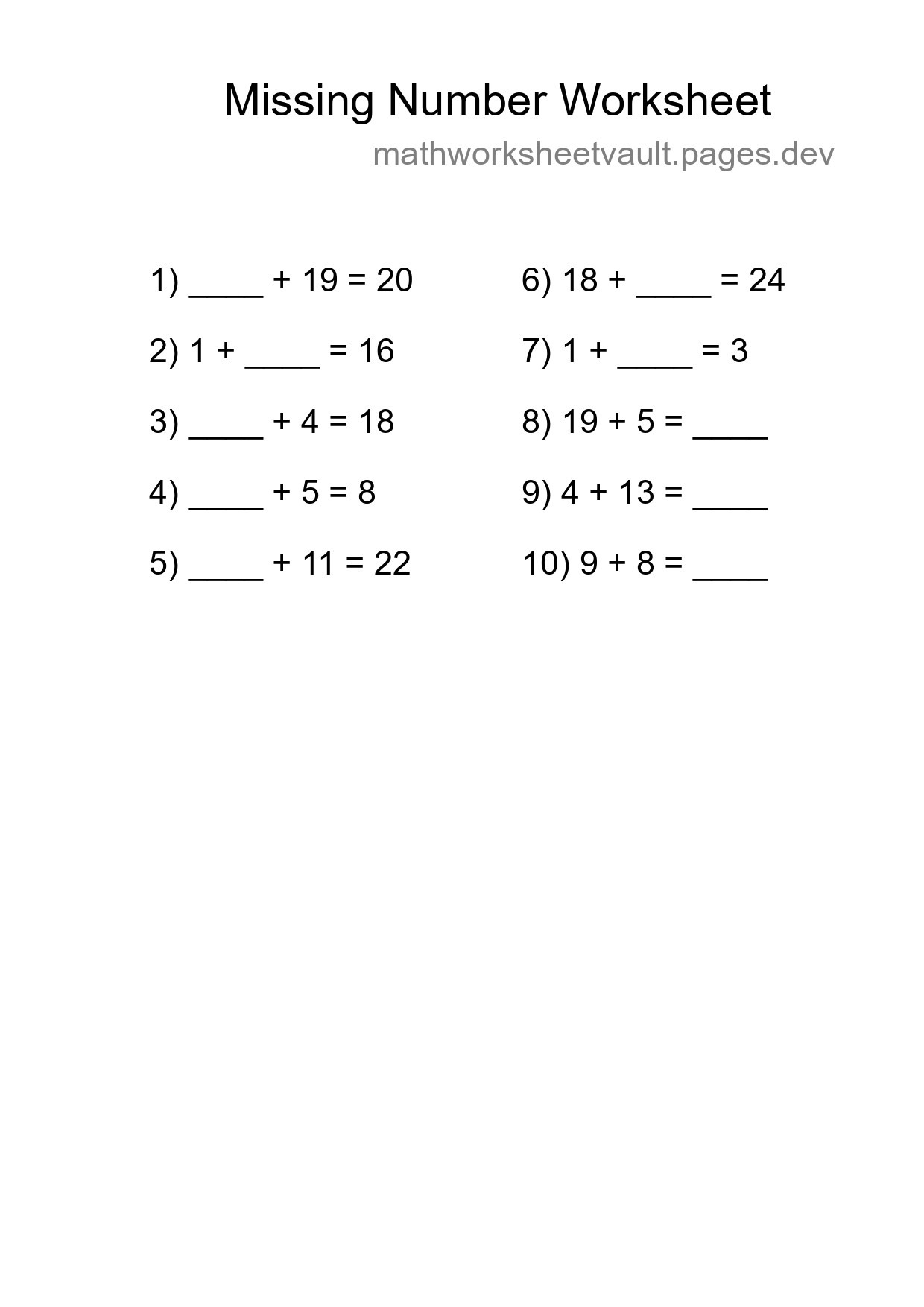 Missing Number Math Worksheet