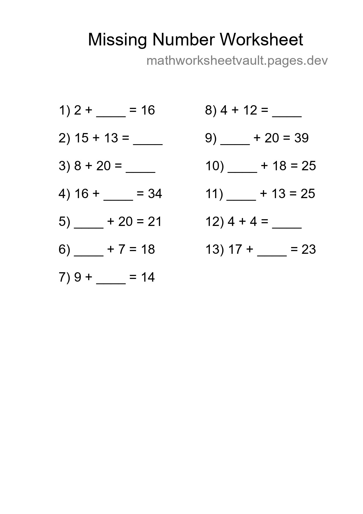 Missing Number Math Worksheet