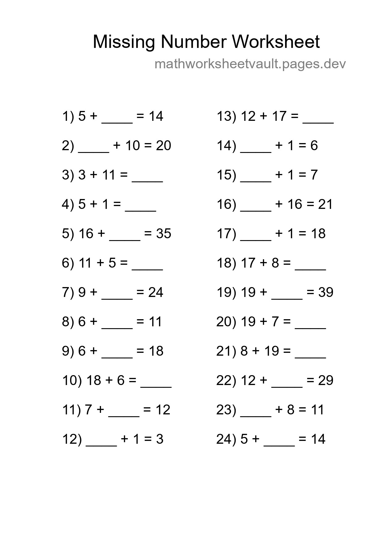 Missing Number Math Worksheet