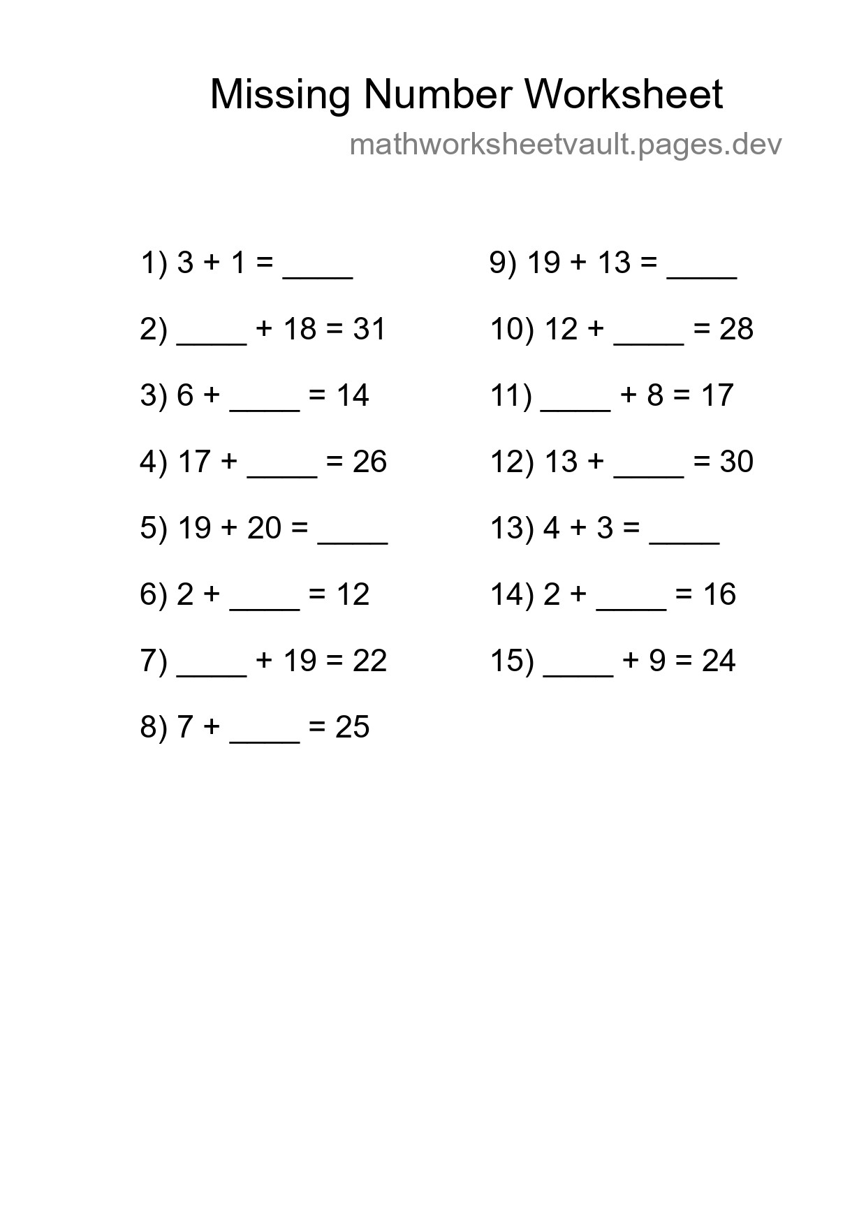Missing Number Math Worksheet