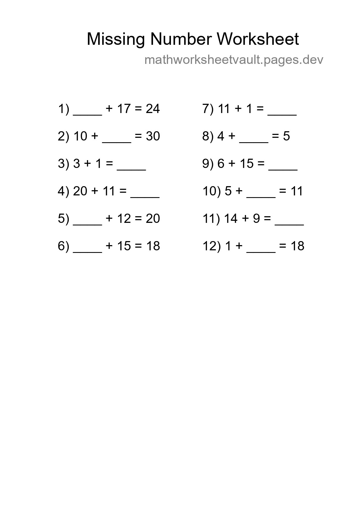 Missing Number Math Worksheet