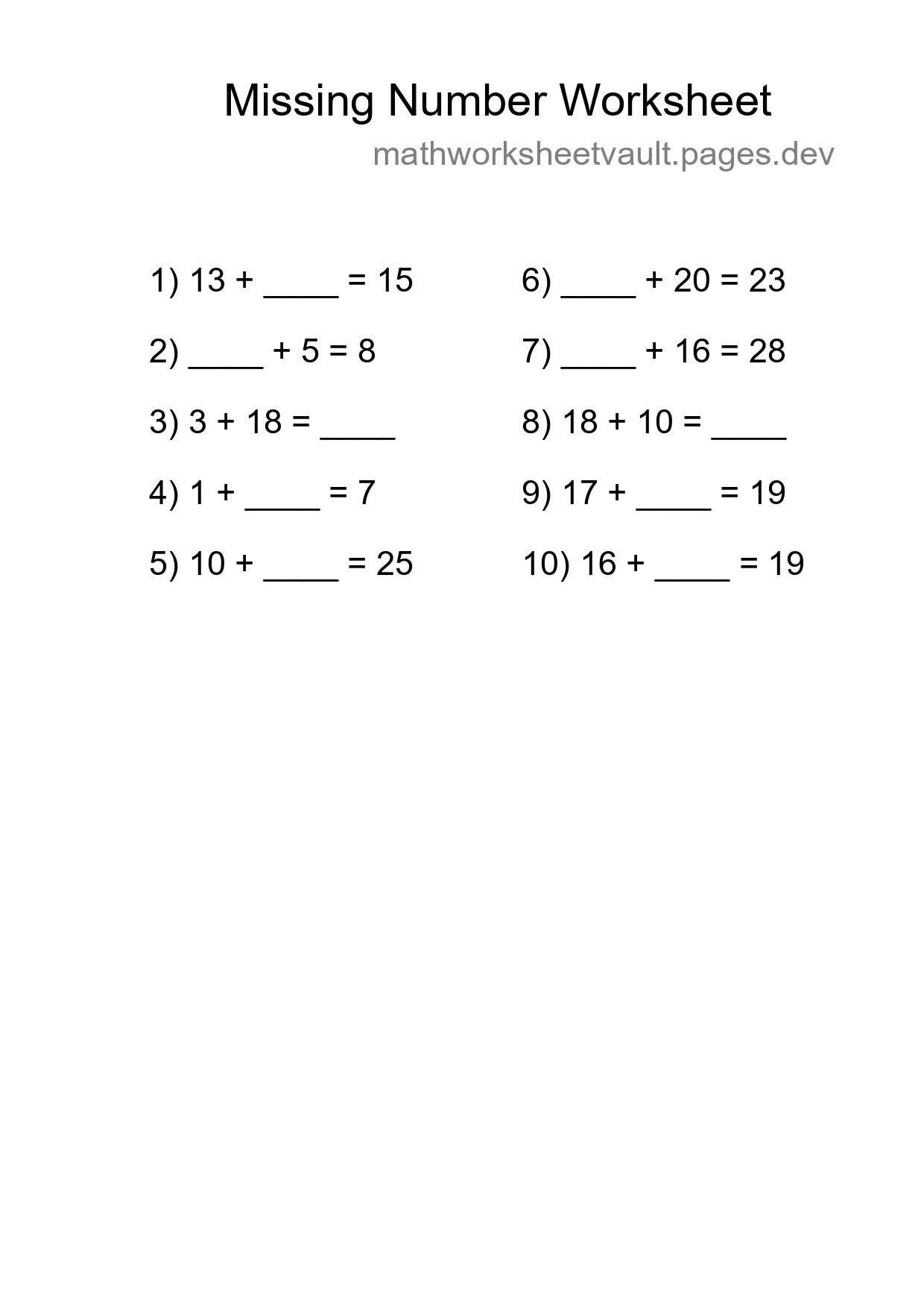 Missing Number Math Worksheet