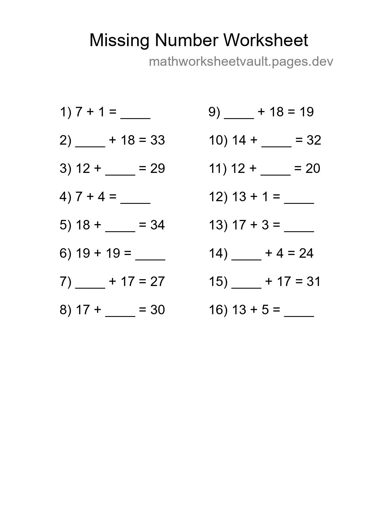Missing Number Math Worksheet