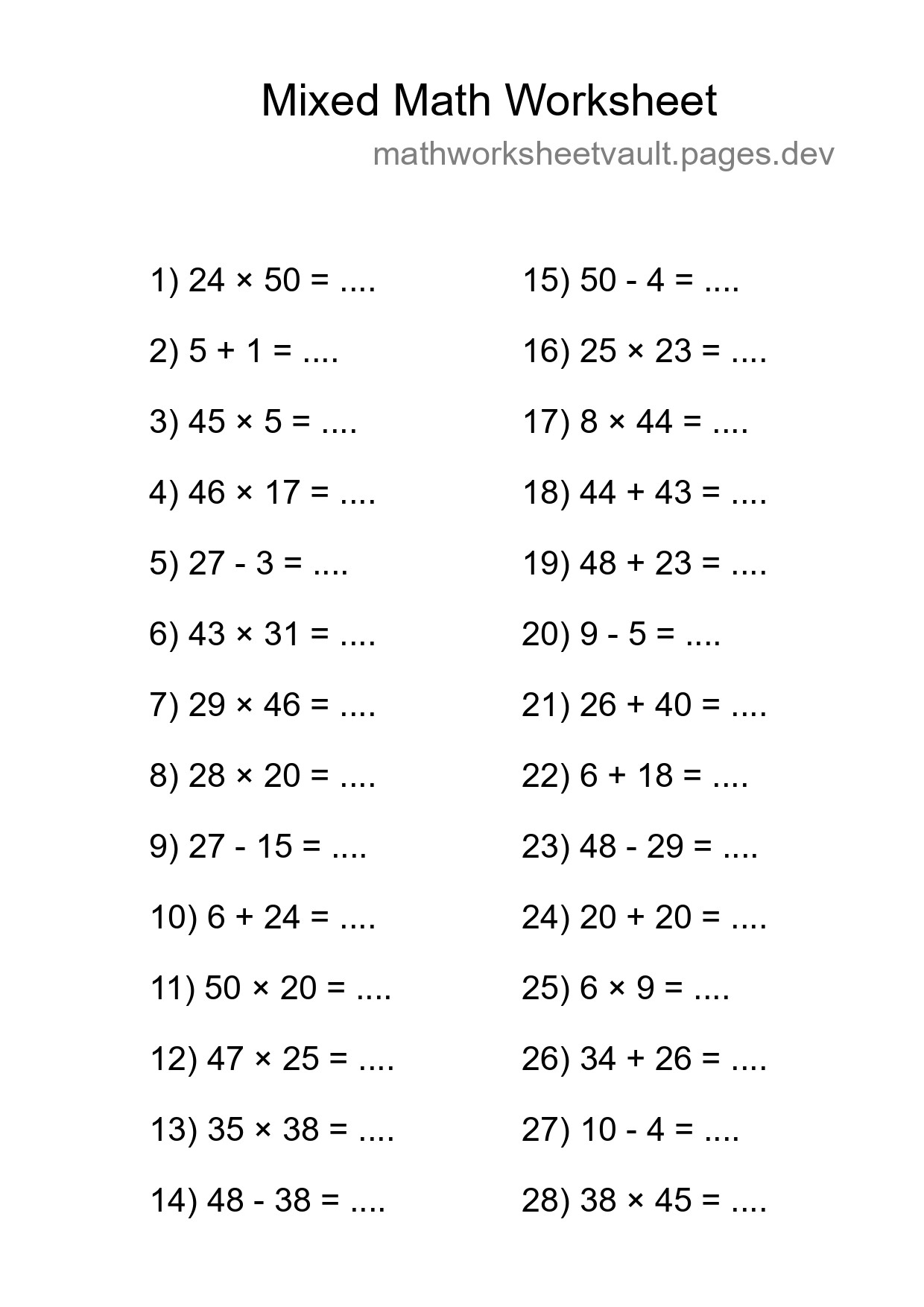 Mixed Operations Math Worksheet