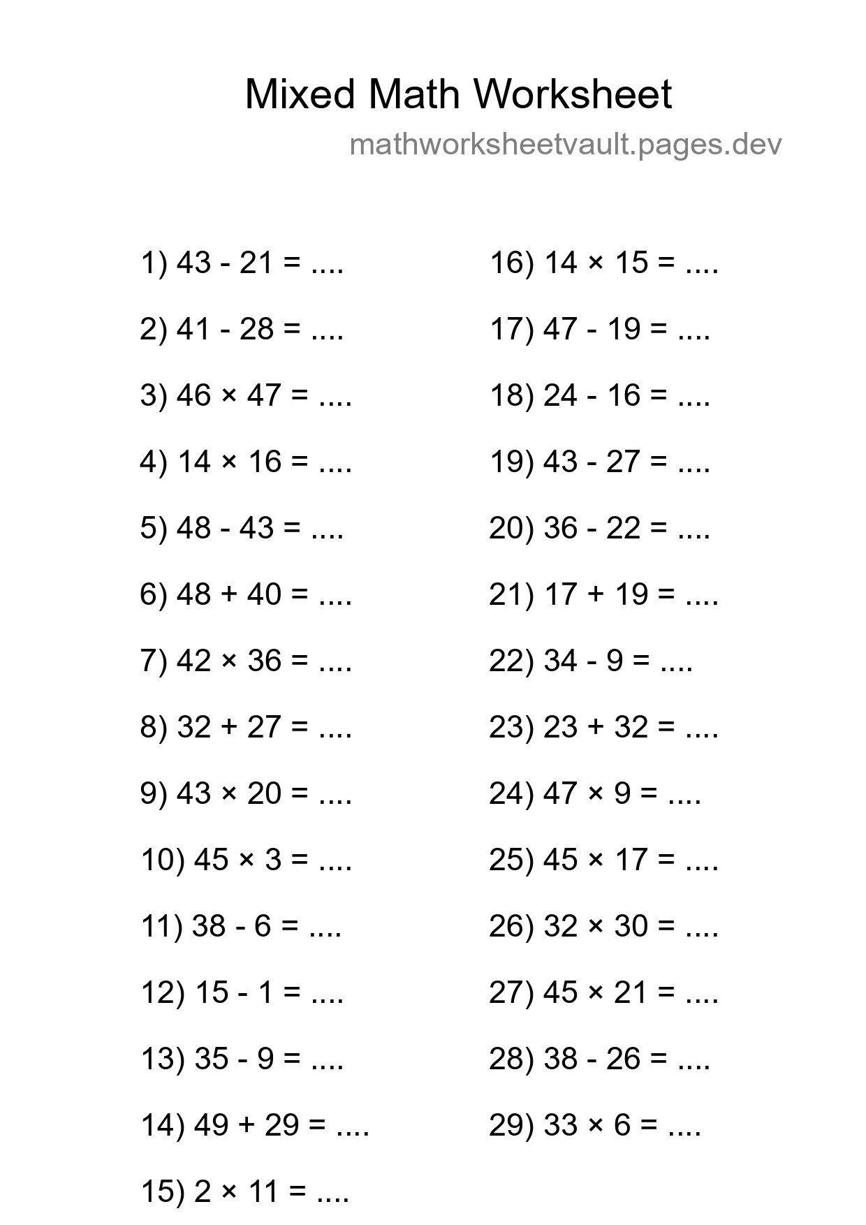 Mixed Operations Math Worksheet