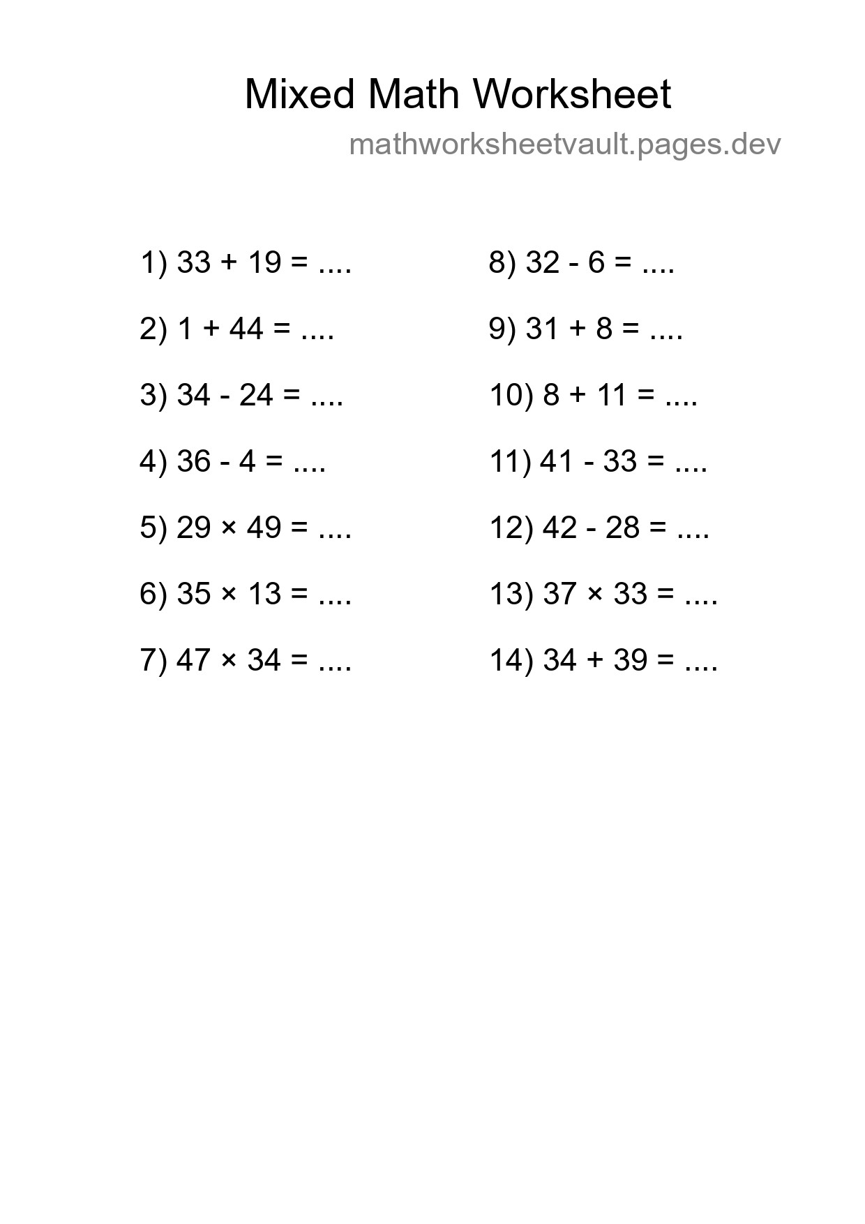 Mixed Operations Math Worksheet