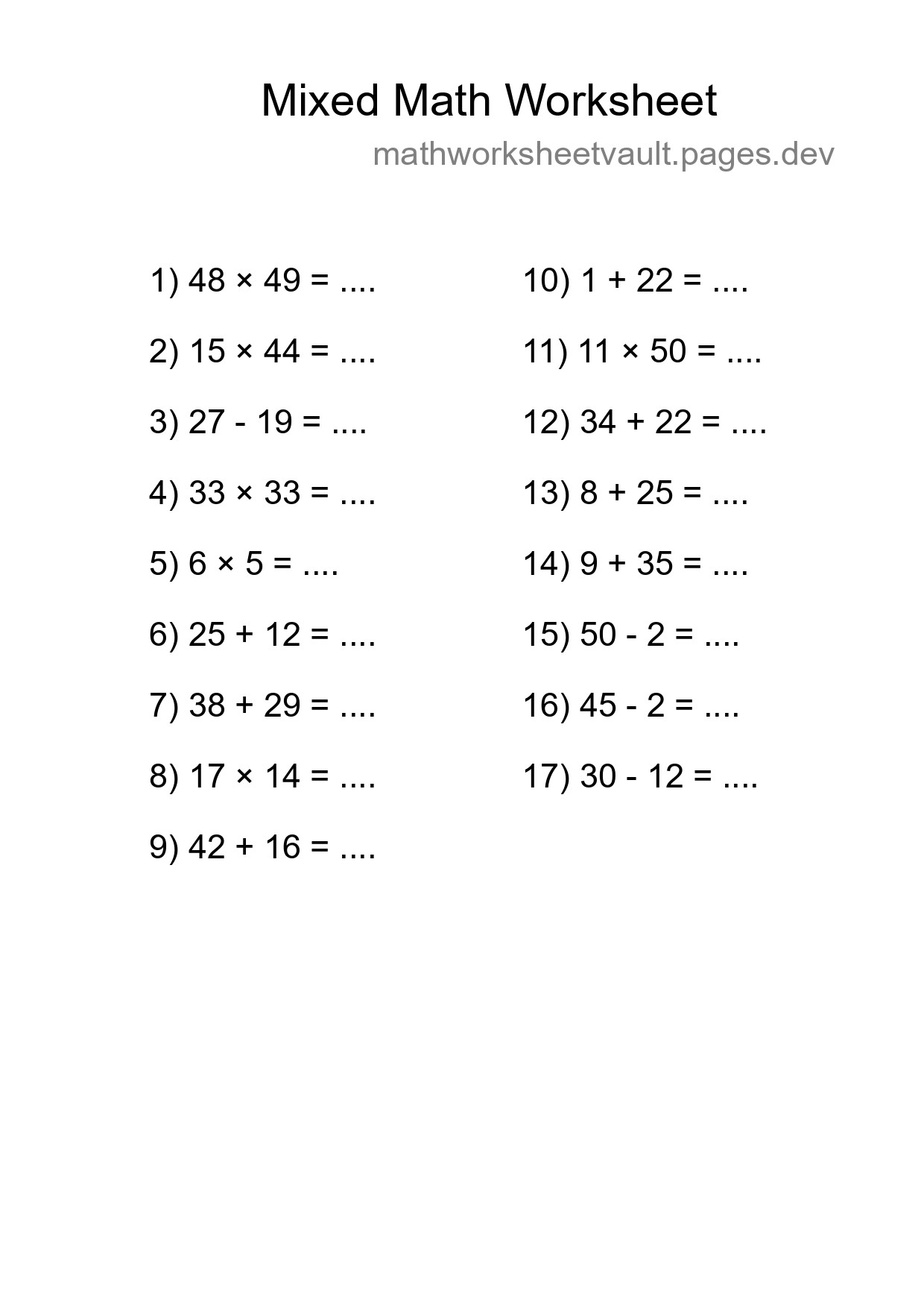 Mixed Operations Math Worksheet