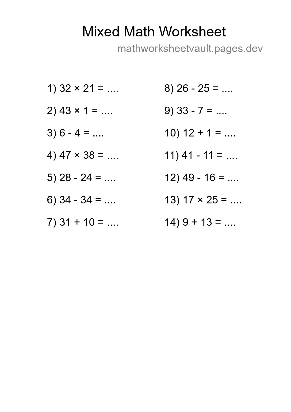 Mixed Operations Math Worksheet