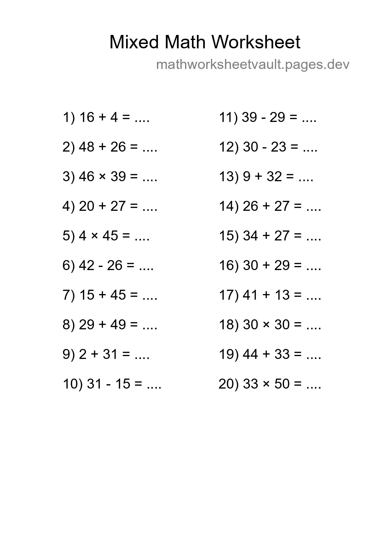 Mixed Operations Math Worksheet