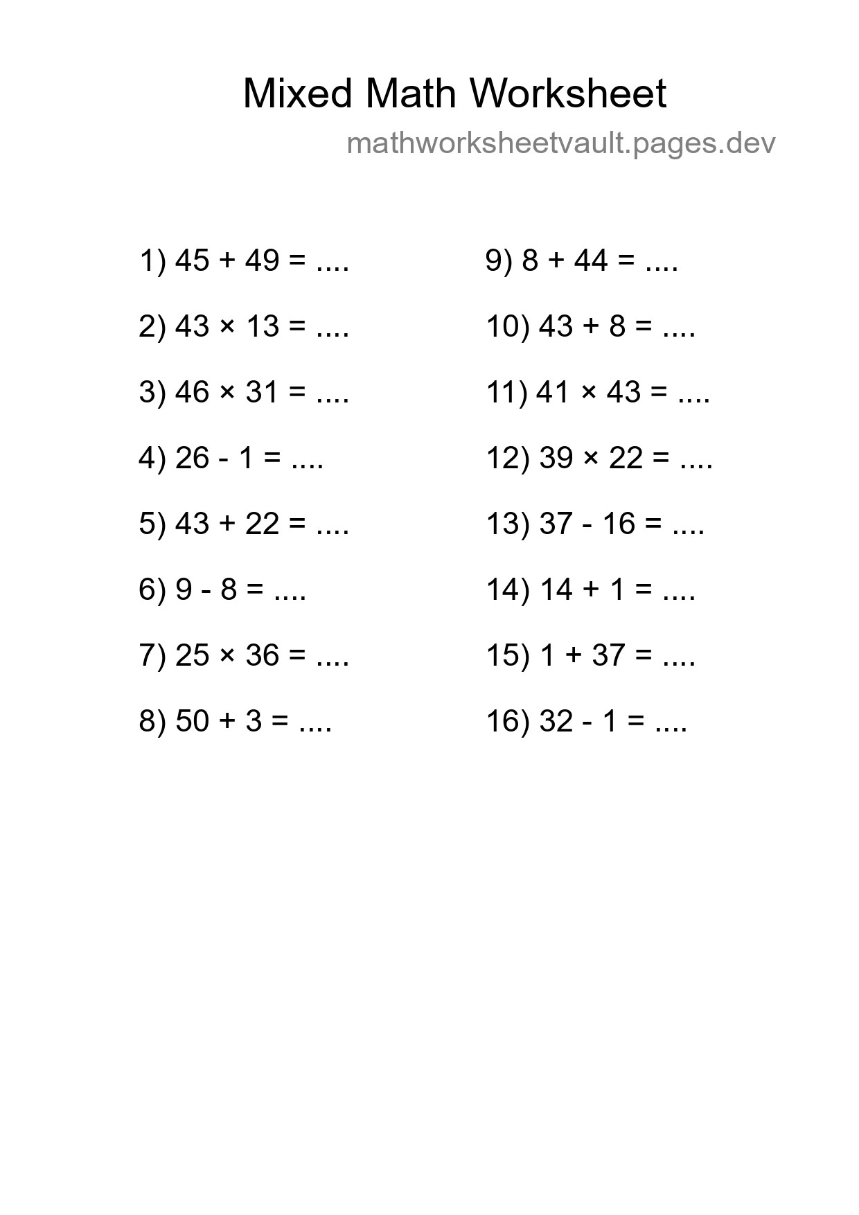 Mixed Operations Math Worksheet