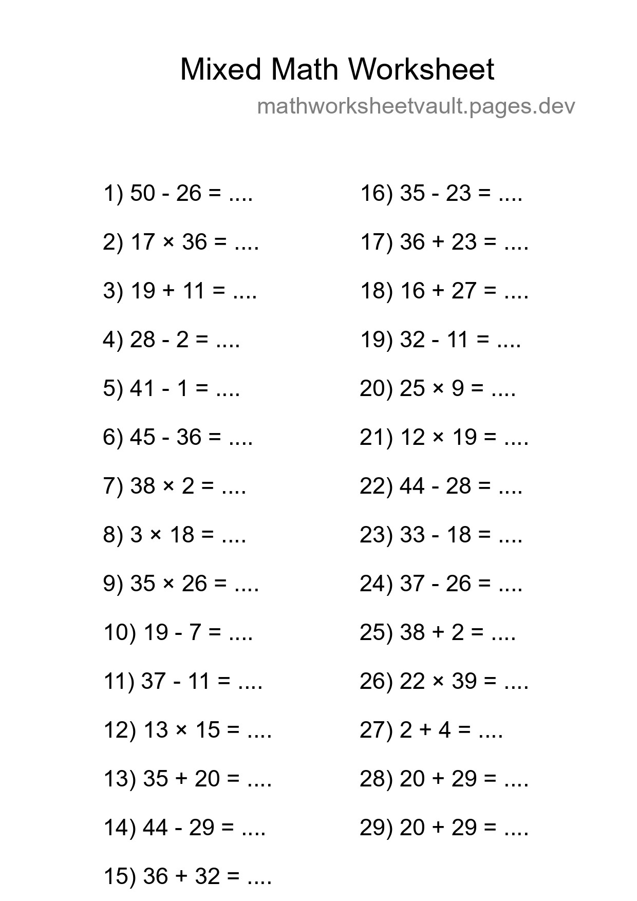 Mixed Operations Math Worksheet