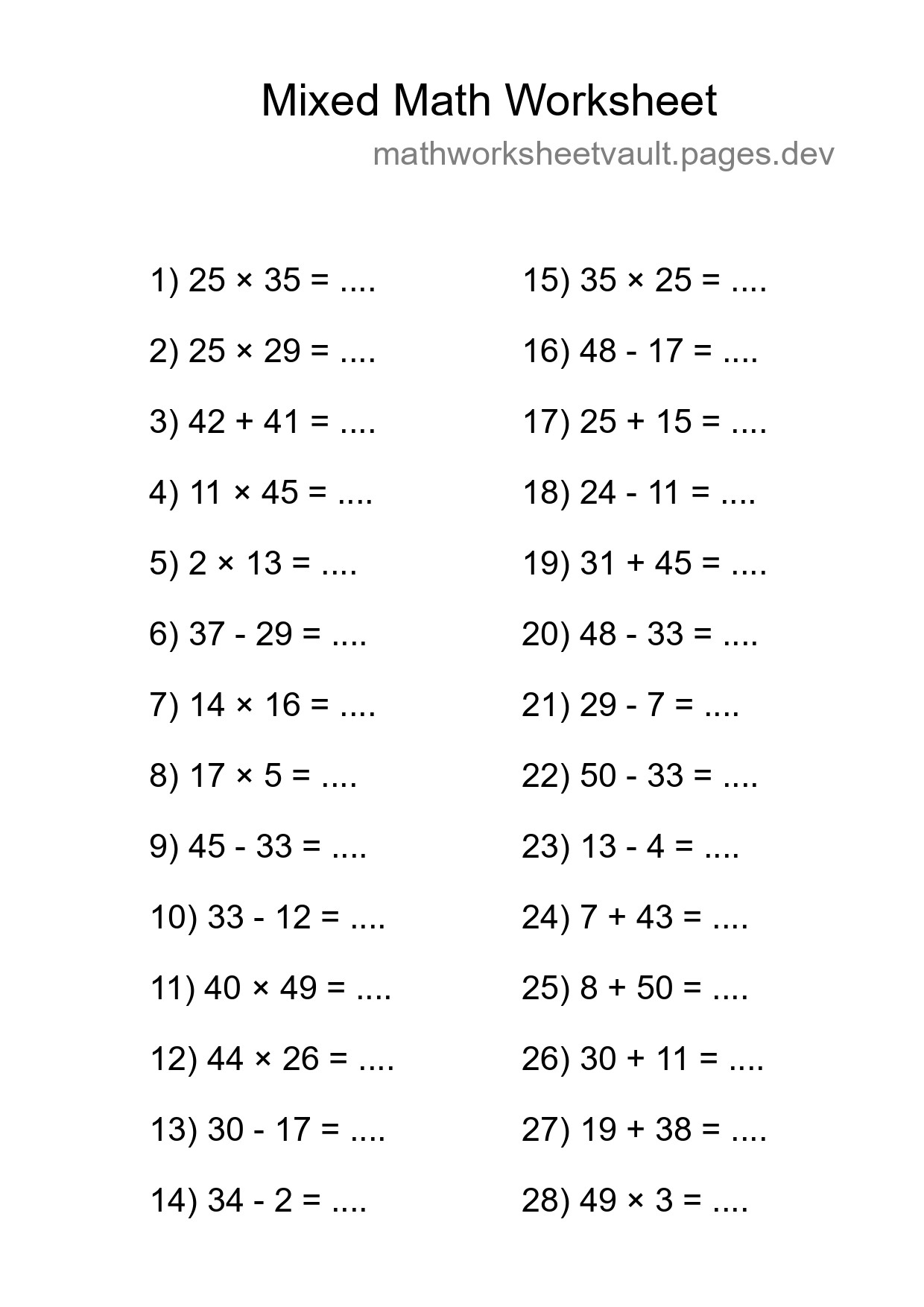 Mixed Operations Math Worksheet