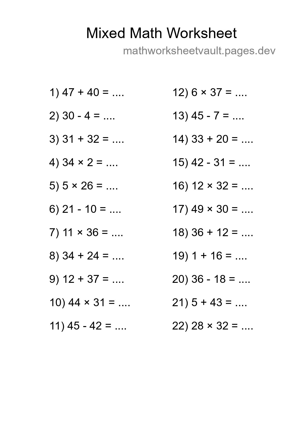 Mixed Operations Math Worksheet