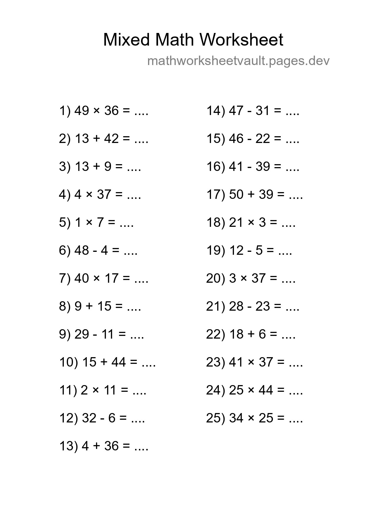 Mixed Operations Math Worksheet