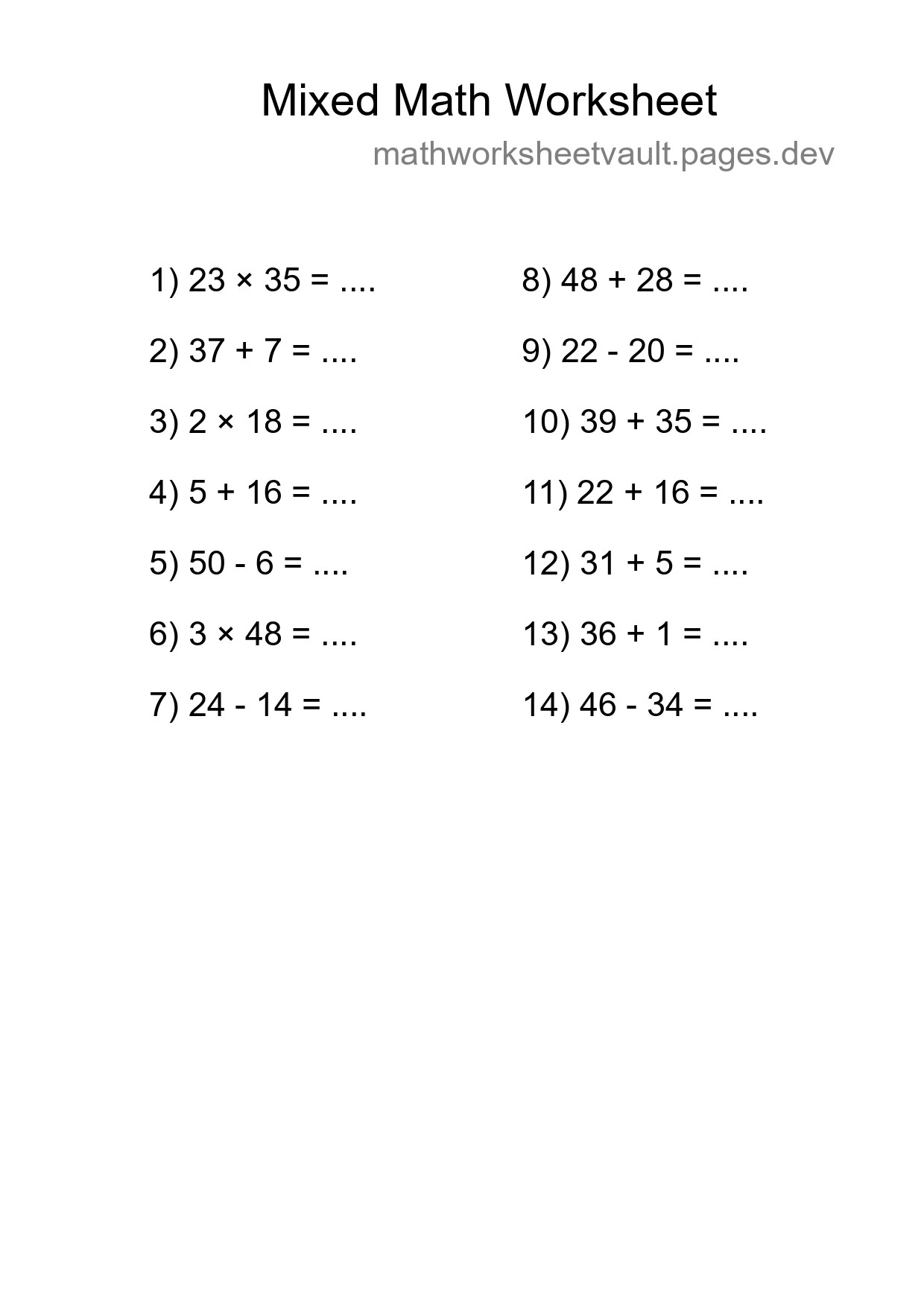 Mixed Operations Math Worksheet