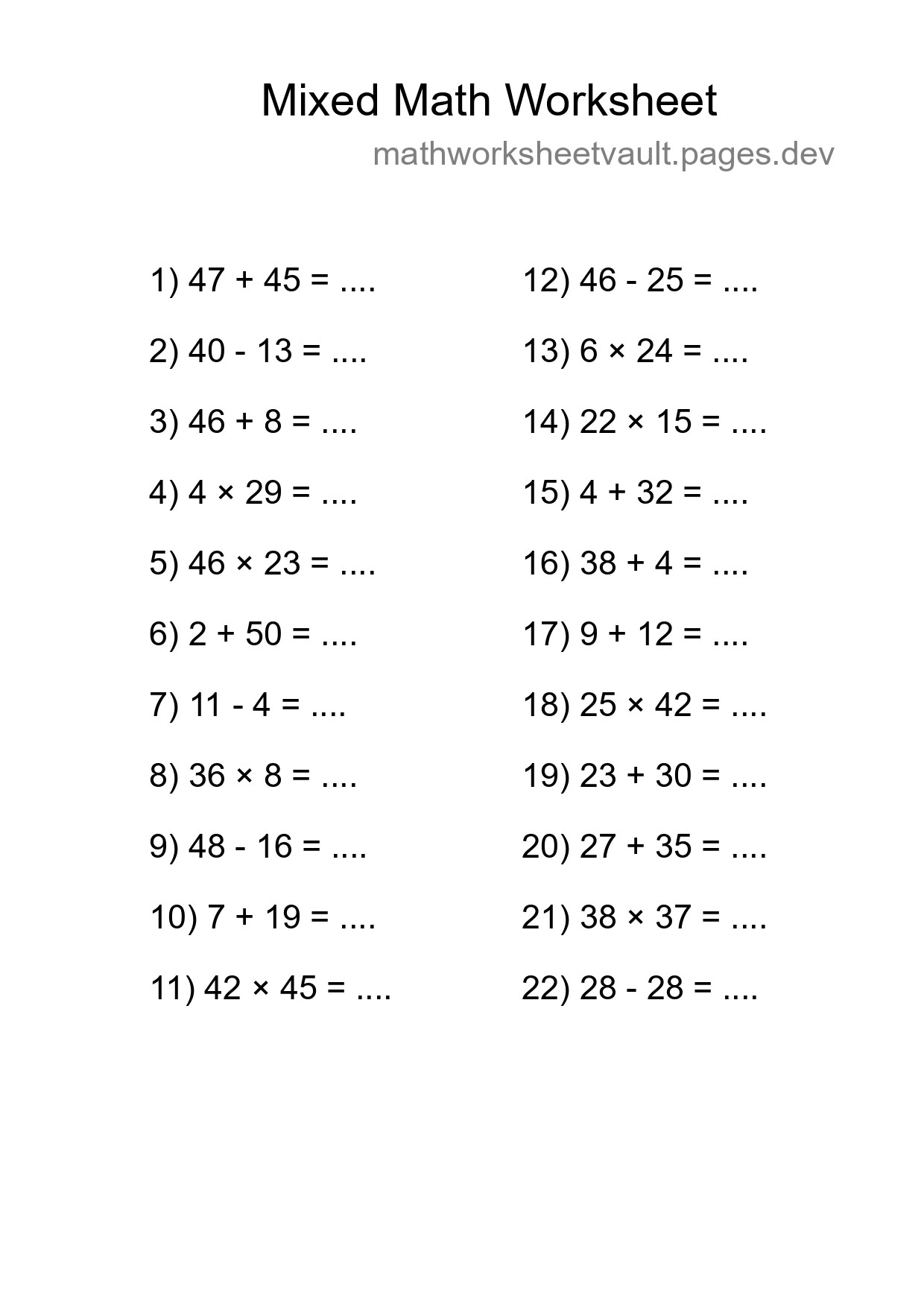 Mixed Operations Math Worksheet