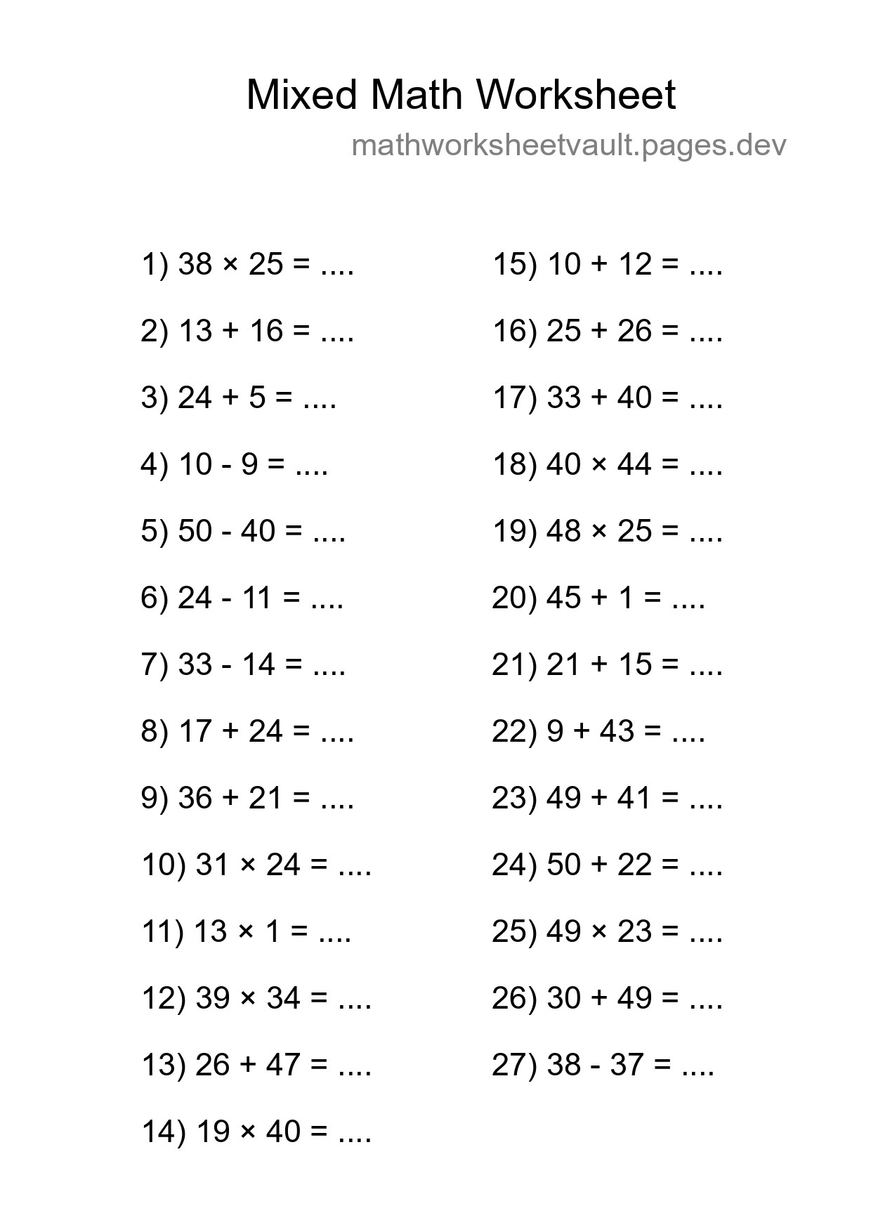 Mixed Operations Math Worksheet