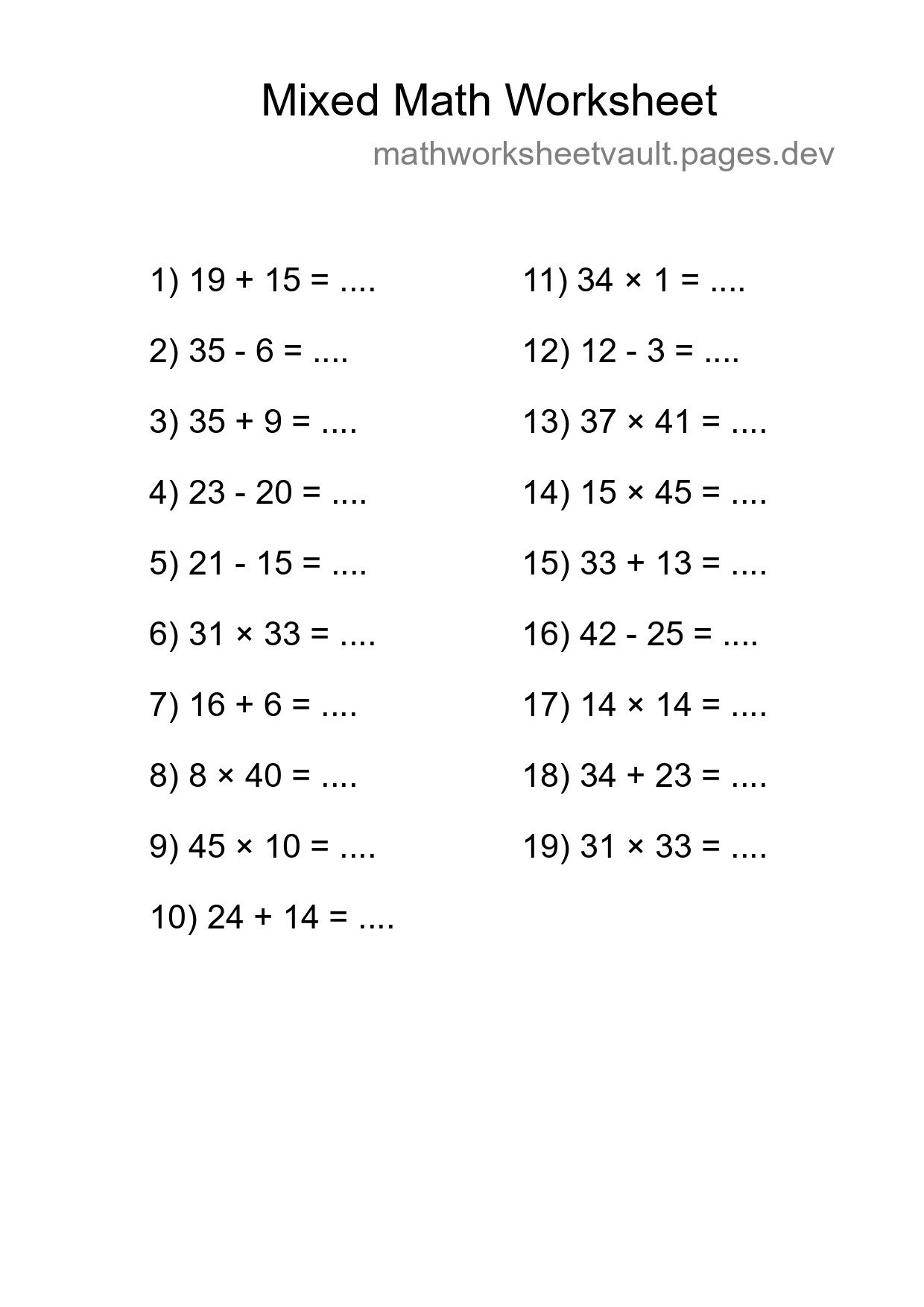 Mixed Operations Math Worksheet