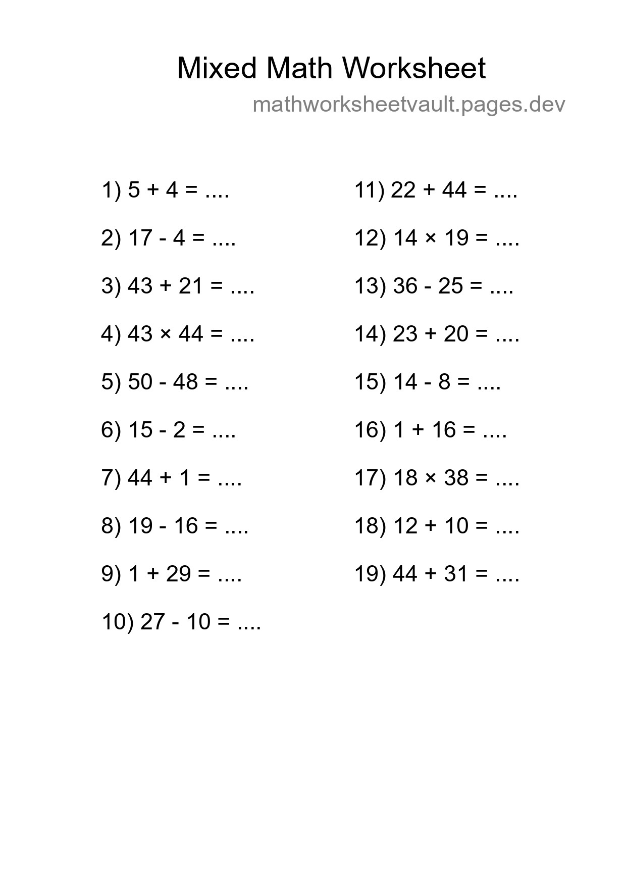 Mixed Operations Math Worksheet