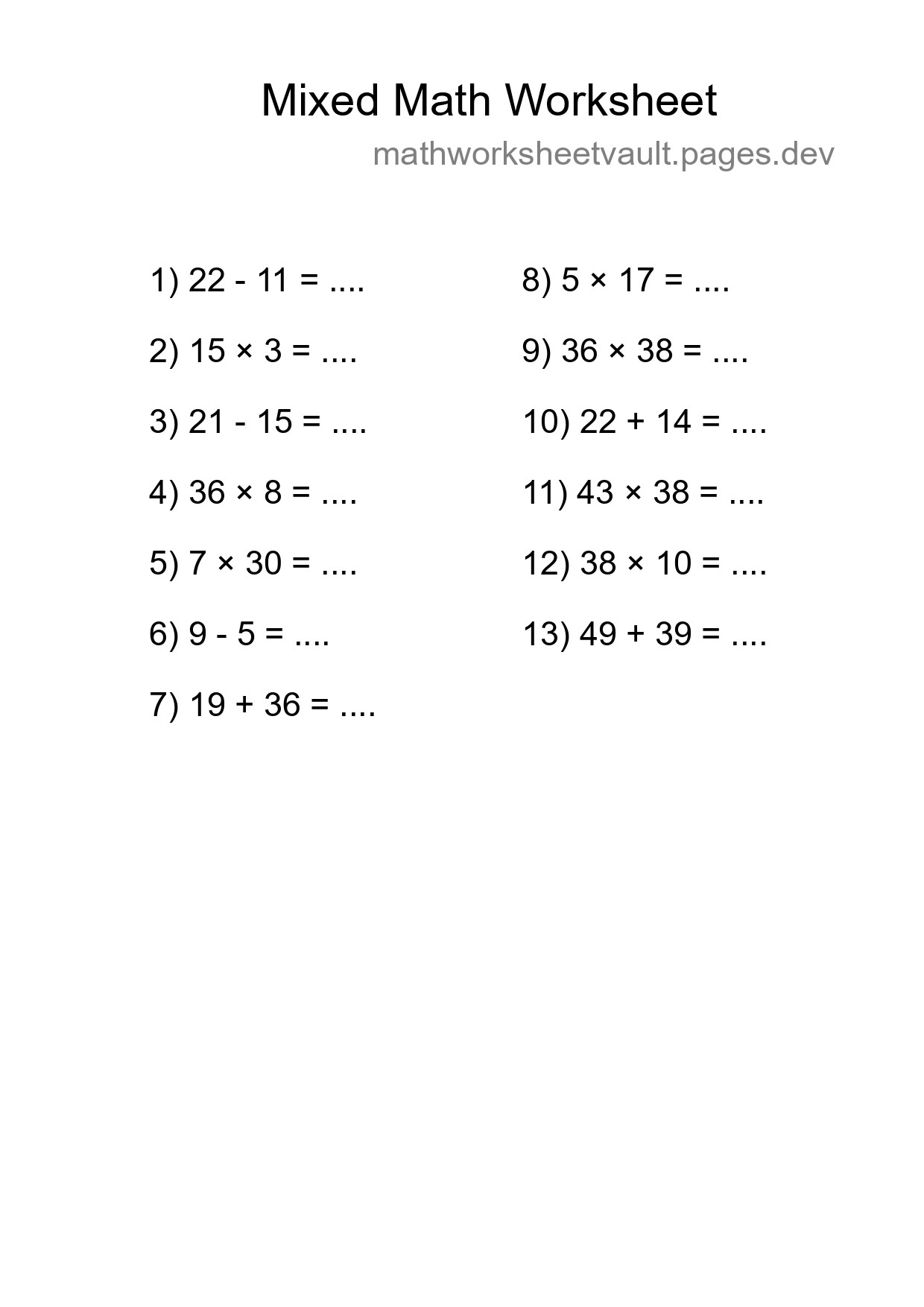 Mixed Operations Math Worksheet