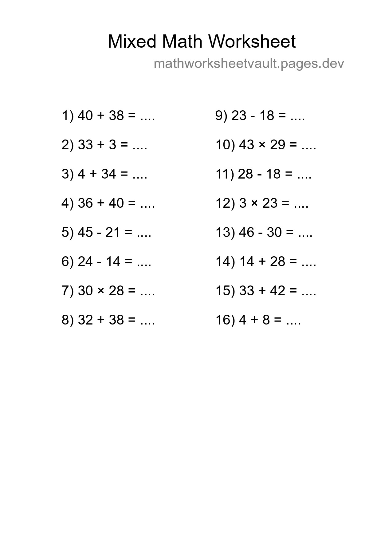 Mixed Operations Math Worksheet