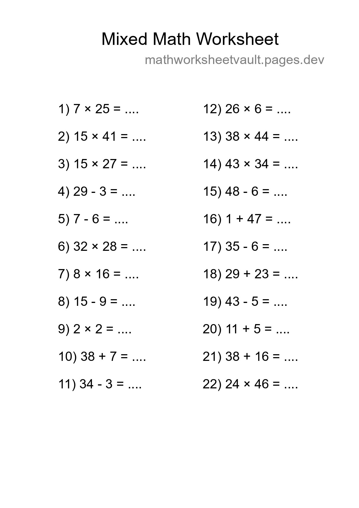 Mixed Operations Math Worksheet