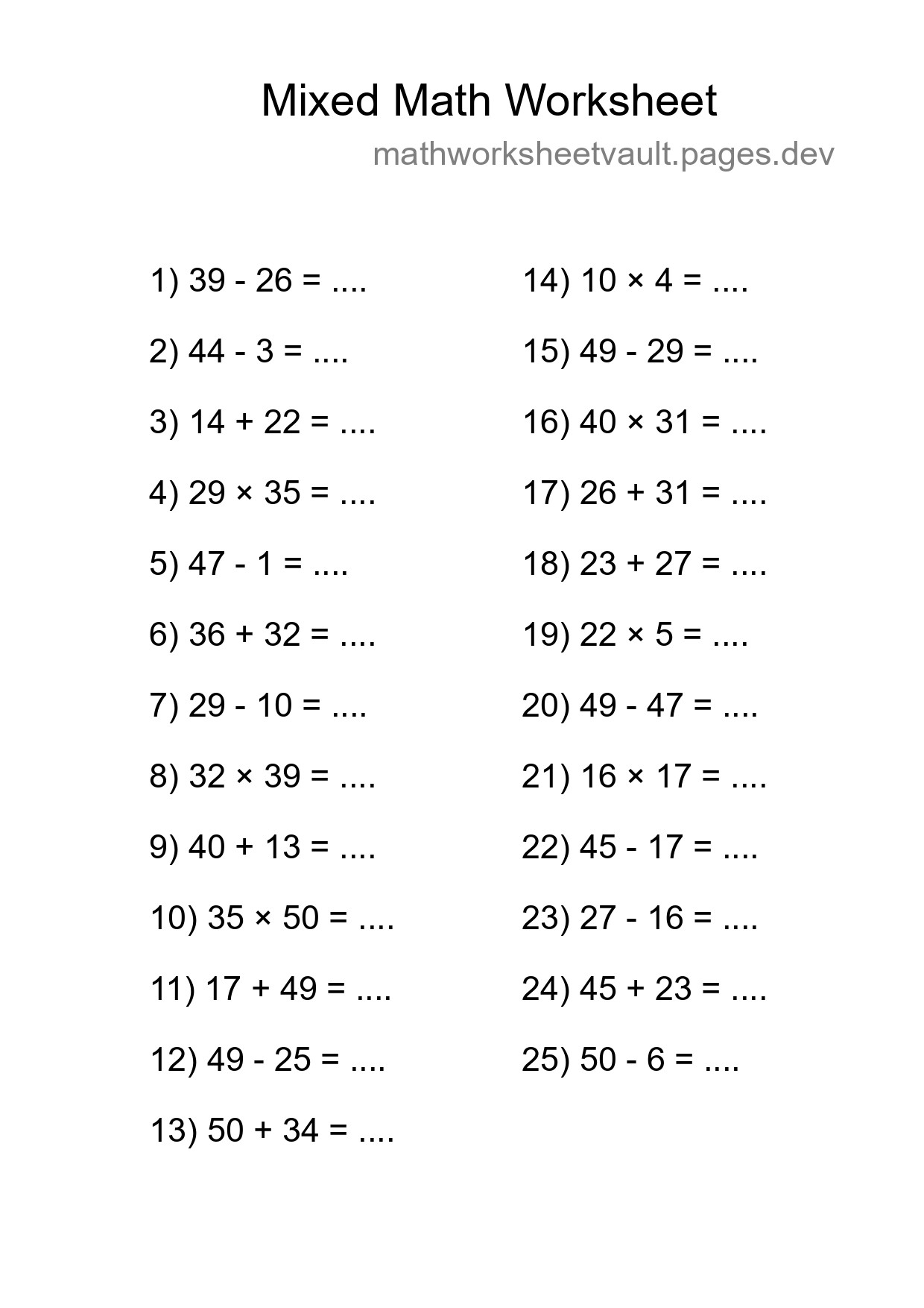 Mixed Operations Math Worksheet
