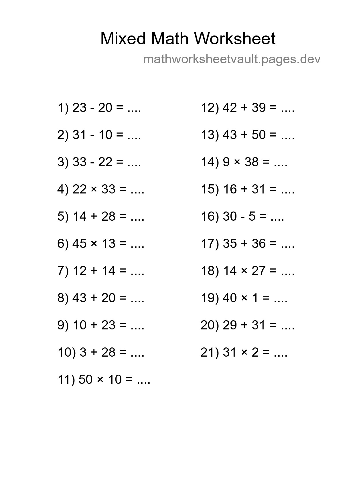 Mixed Operations Math Worksheet