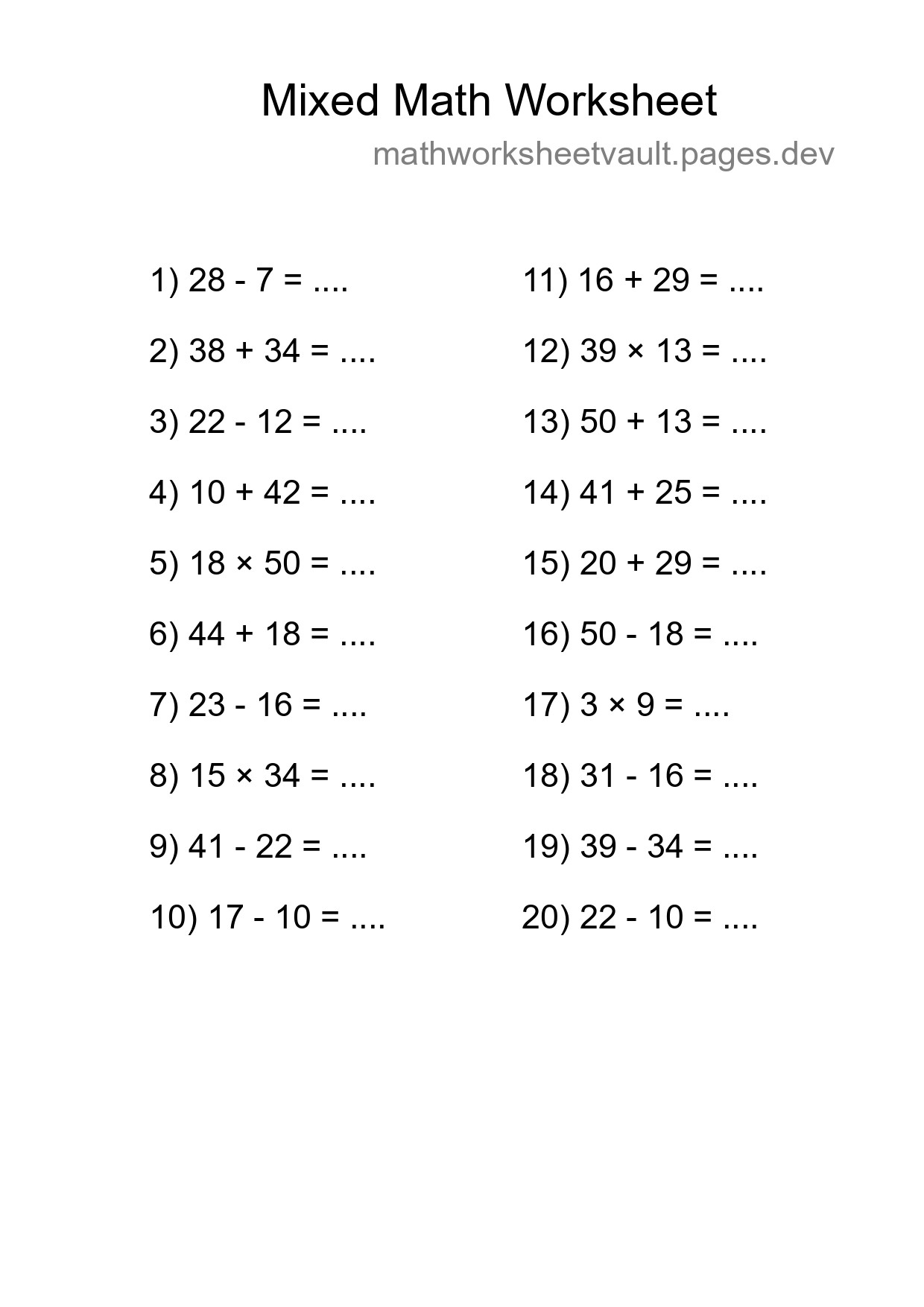 Mixed Operations Math Worksheet