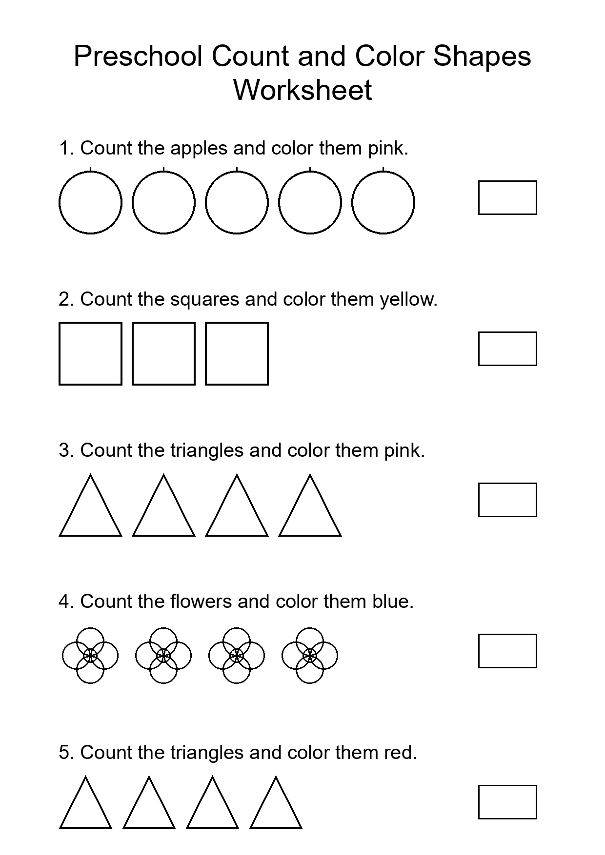 Preschool Count and Color Shapes Worksheet