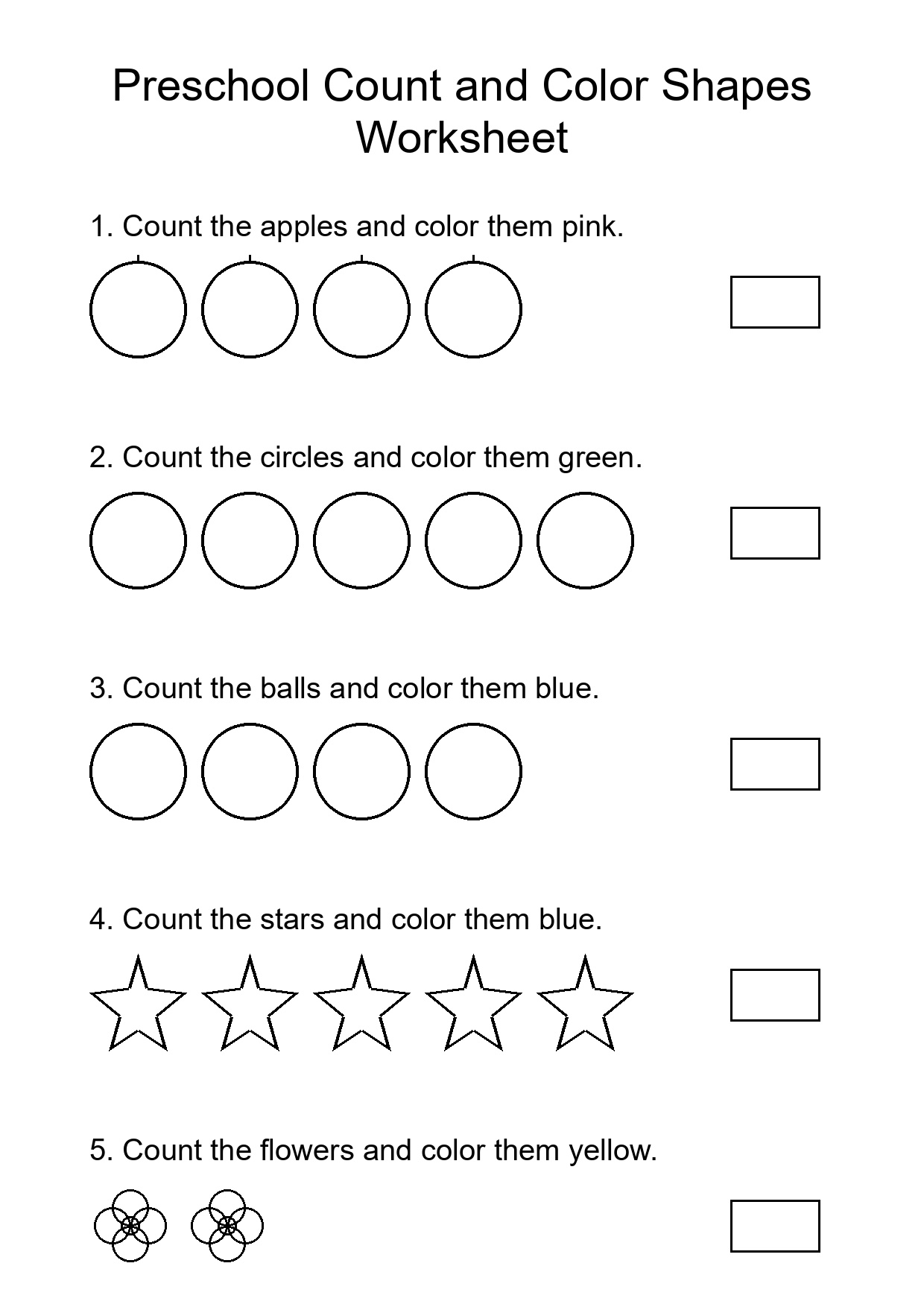 Preschool Count and Color Shapes Worksheet