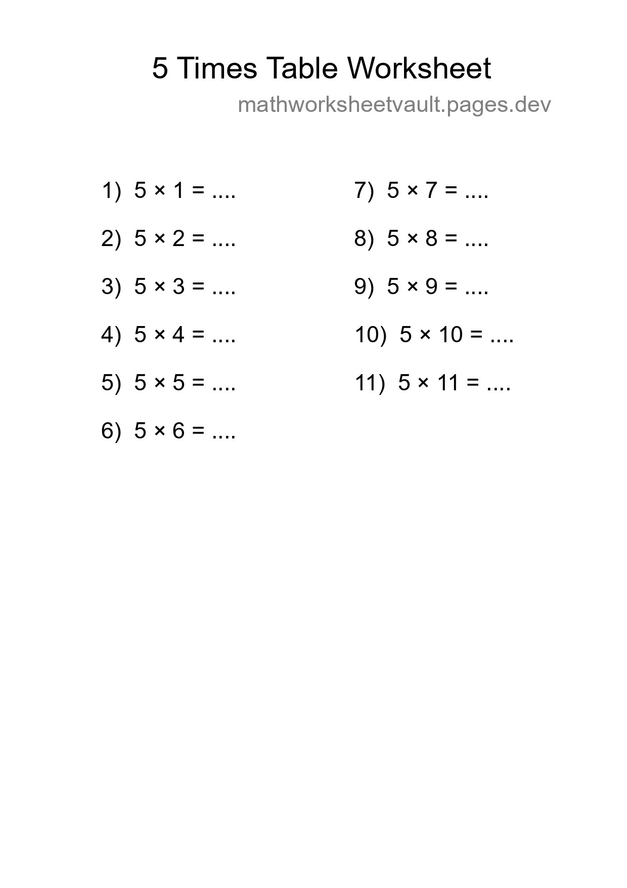 Printable 5 Times Table Worksheet For Grade 2 - Part 219
