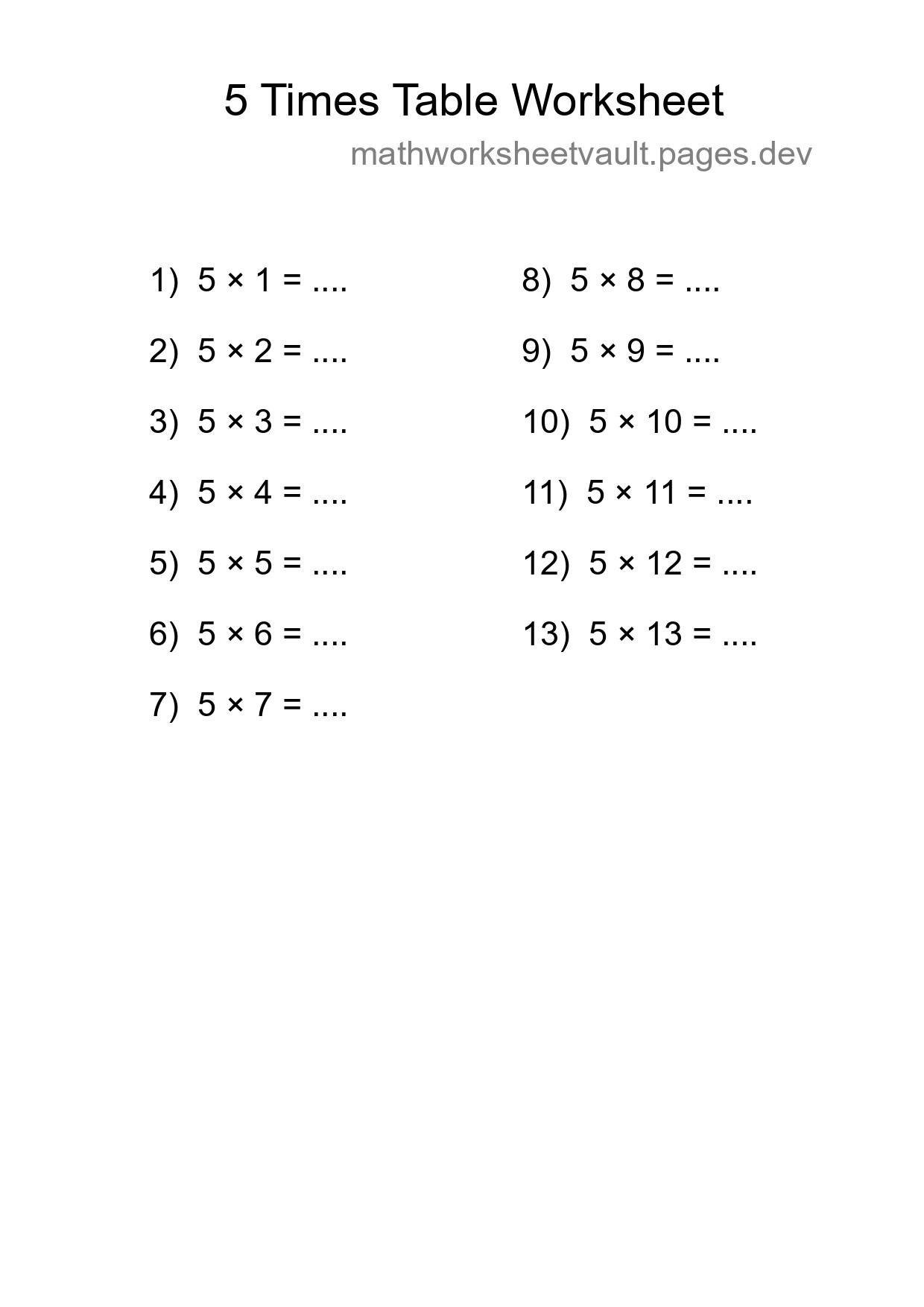 Printable 5 Times Table Worksheet For Grade 2 - Part 289