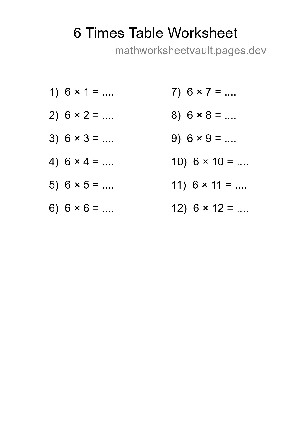 Printable 6 Times Table Worksheet For Grade 3 - Part 39