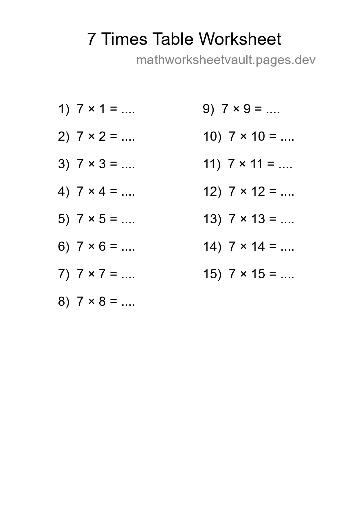 Printable 7 Times Table Worksheet For Grade 3 - Part 239