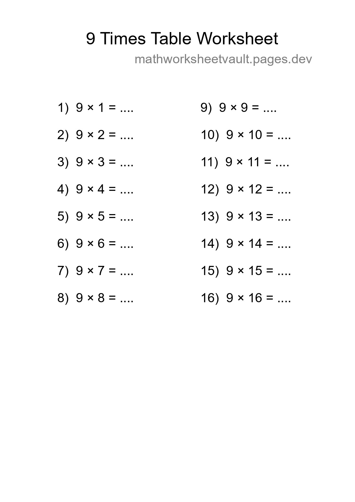 Printable 9 Times Table Worksheet For Grade 3 - Part 19