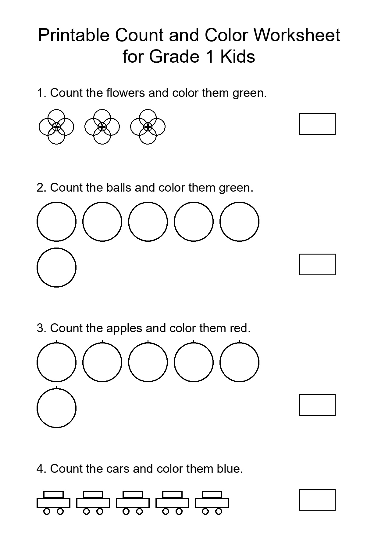 Printable Count and Color Worksheet for Grade 1 Kids