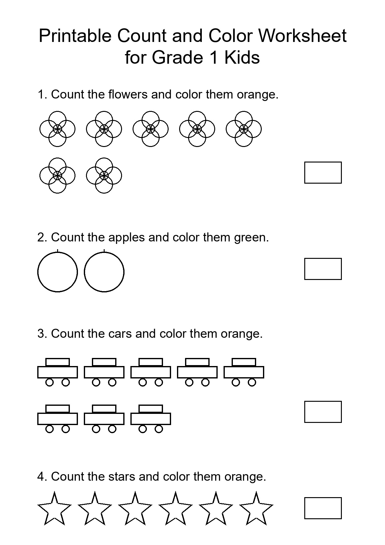 Printable Count and Color Worksheet for Grade 1 Kids