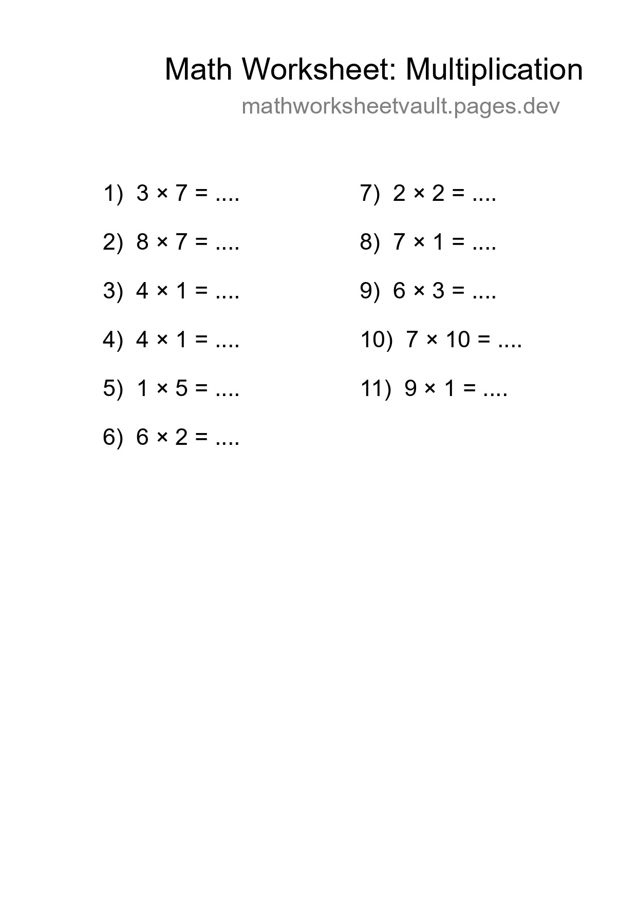 Printable Free 11 Multiplication Math Worksheet For Grade 1 - Part 287