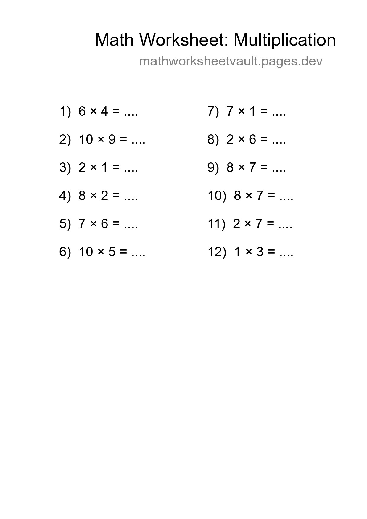Printable Free 12 Multiplication Math Worksheet For Grade 1 - Part 167