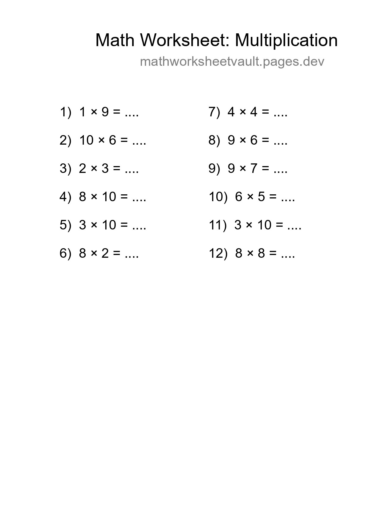 Printable Free 12 Multiplication Math Worksheet For Grade 1 - Part 227