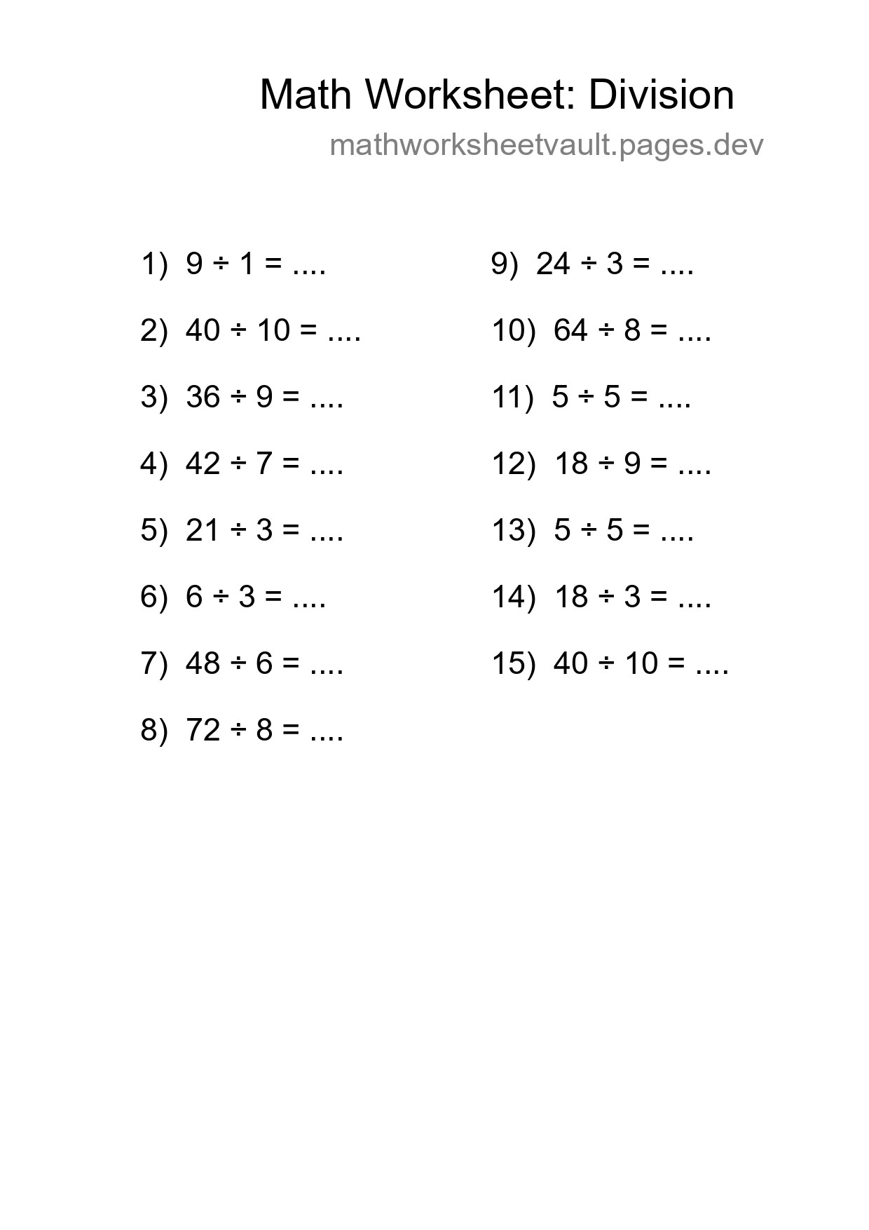 Printable Free 15 Division Math Worksheet For Grade 1 - Part 274